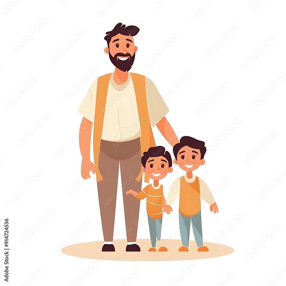 Smiling Father and Two Sons Standing Together in Cartoon Illustration Smiling Father and Two Sons Standing Together in Cartoon Illustration