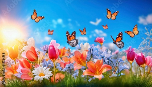 Butterflies and Blooms: A breathtaking panorama of vibrant wildflowers in full bloom, bathed in the warm glow of the setting sun. Monarch butterflies dance gracefully amidst the floral tapestry, creat