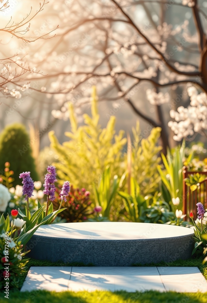 Fototapeta premium Stone Platform in a Spring Garden.