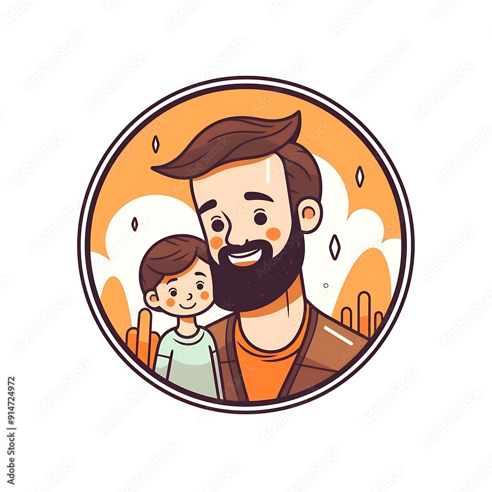 Happy Father And Son Cartoon Illustration With Orange Background Happy Father And Son Cartoon Illustration With Orange Background