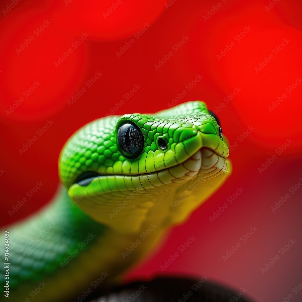 Obraz premium Green Snake Close-up on Red Background.