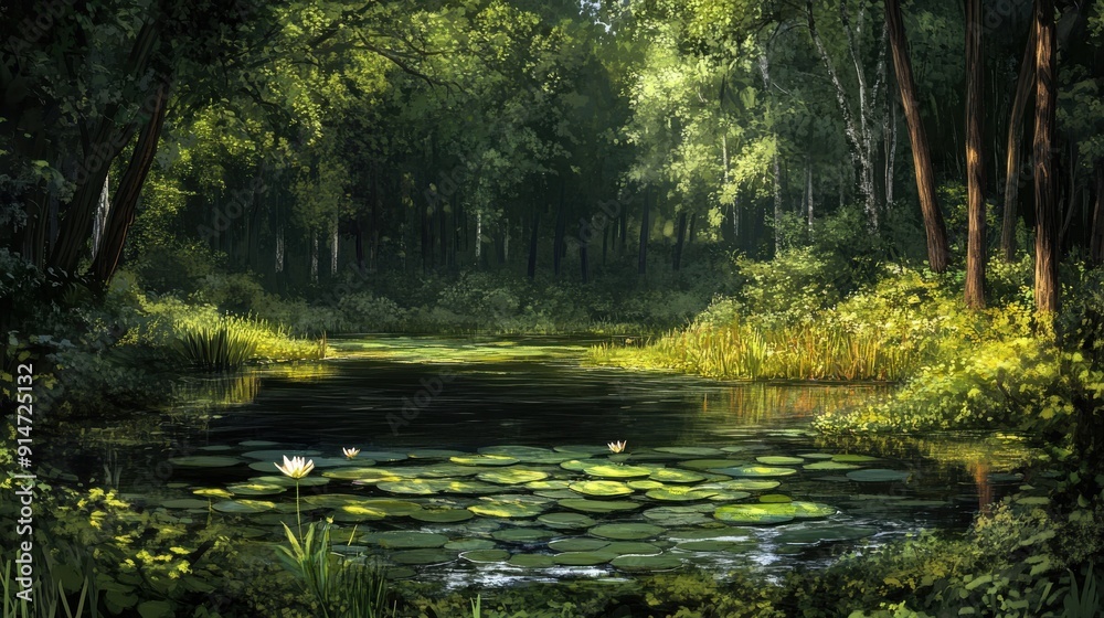 A tranquil forest glade with a small pond and lily pads A tranquil forest glade with a small pond and lily pads