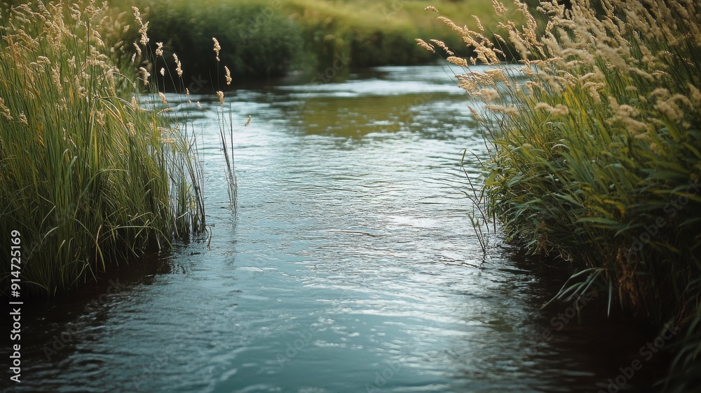 A tranquil river scene with tall grasses and a gentle current A tranquil river scene with tall grasses and a gentle current
