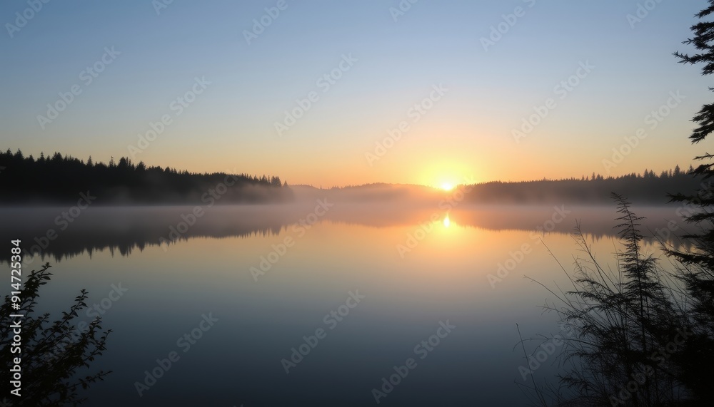 Misty Sunrise Over Lake. Misty Sunrise Over Lake.