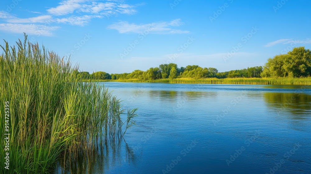 Fototapeta premium A tranquil riverbank with tall grasses and a clear blue sky