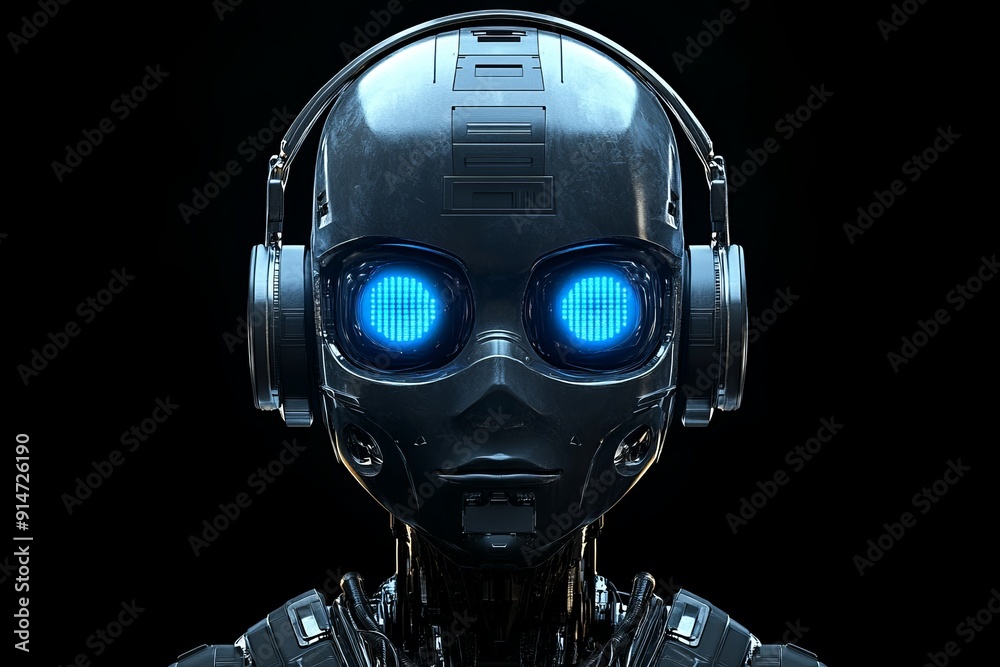 Cybernetic head with glowing blue eyes embodying futuristic intelligence and technology Cybernetic head with glowing blue eyes embodying futuristic intelligence and technology