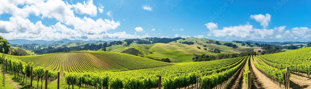 A picturesque vineyard with rolling hills and a bright blue sky A picturesque vineyard with rolling hills and a bright blue sky