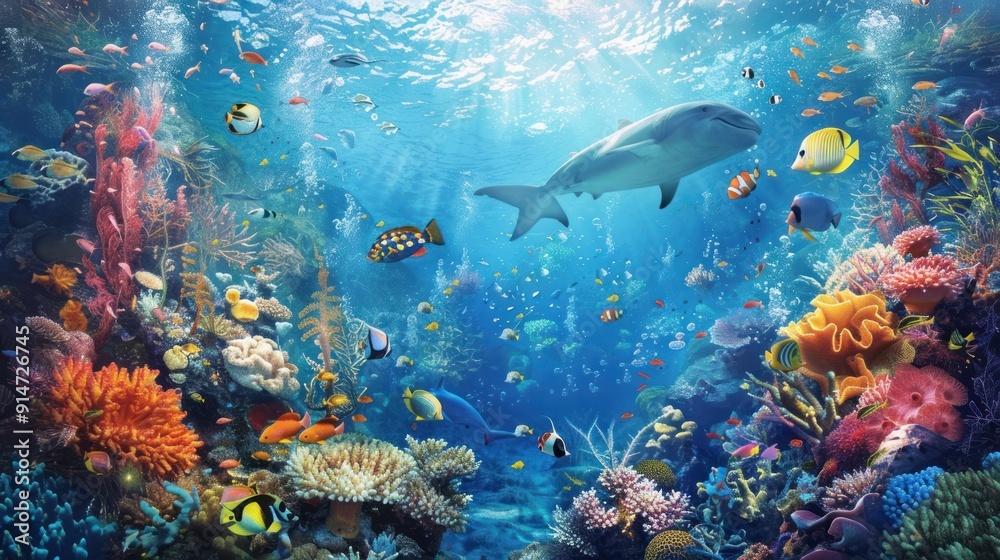 A Vibrant Underwater Scene with Coral Reefs and Fish A Vibrant Underwater Scene with Coral Reefs and Fish