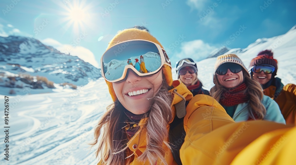 Group of Friends Taking Selfie on Snowy Mountain Group of Friends Taking Selfie on Snowy Mountain