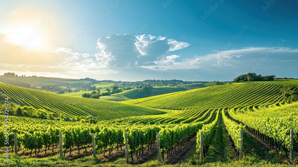 A picturesque vineyard with rolling hills and a bright blue sky A picturesque vineyard with rolling hills and a bright blue sky
