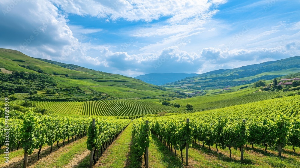 A picturesque vineyard with rolling hills and a bright blue sky A picturesque vineyard with rolling hills and a bright blue sky