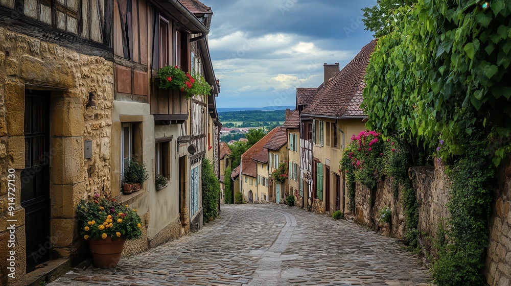 Fototapeta premium A picturesque village with cobblestone streets and historic architecture