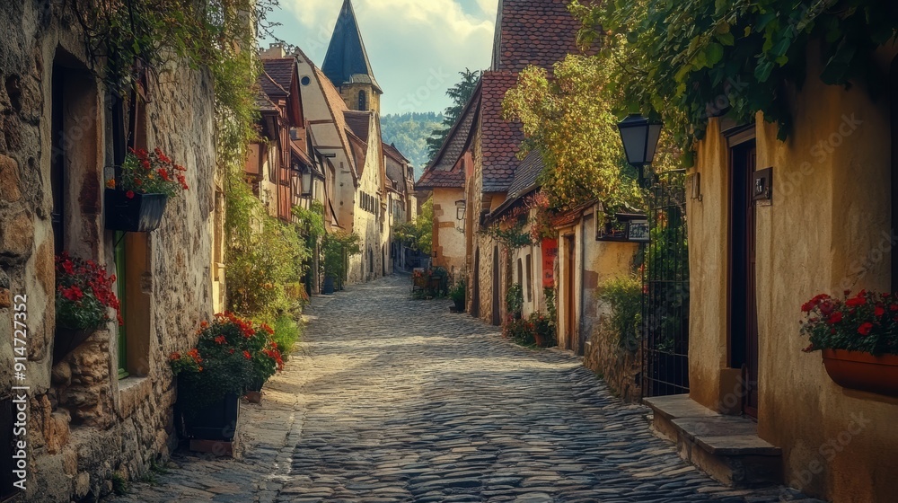 Fototapeta premium A picturesque village with cobblestone streets and historic architecture