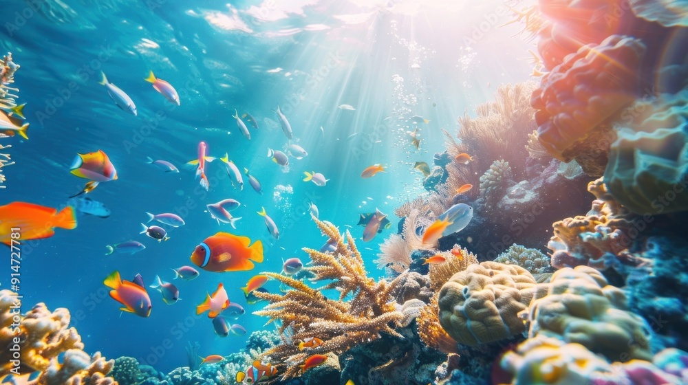 Fototapeta premium Vibrant Coral Reef with Sunbeams and Fish