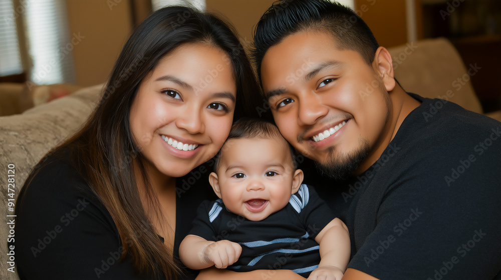 Hispanic parents holding their infant son on cozy sofa, traditional nuclear family concept, copy space Hispanic parents holding their infant son on cozy sofa, traditional nuclear family concept, copy space