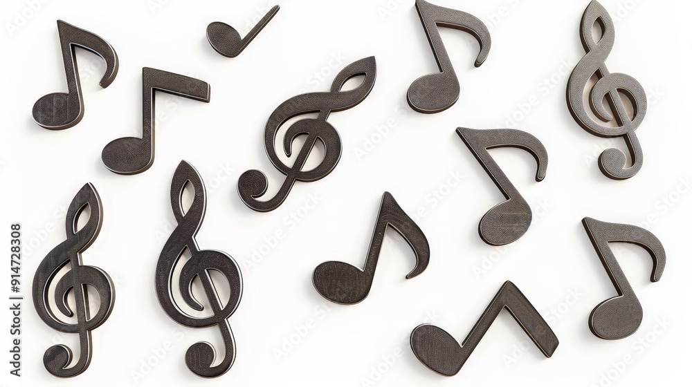 A collection of musical notes, including quarter notes, eighth notes, and rests, isolated against a pure white background, showcasing their classic design and elegant curves. A collection of musical notes, including quarter notes, eighth notes, and rests, isolated against a pure white background, showcasing their classic design and elegant curves.