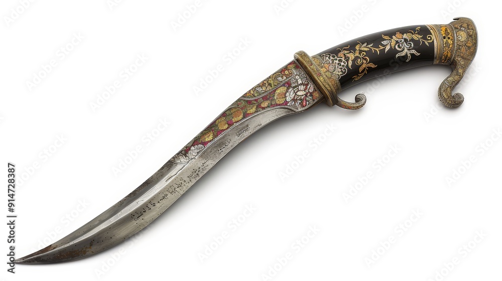 A decorative saber with a curved blade and an intricate hilt design, set against a white background to highlight its ornate and ceremonial features. A decorative saber with a curved blade and an intricate hilt design, set against a white background to highlight its ornate and ceremonial features.