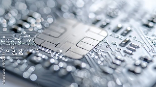 A detailed close-up of a silver credit card with a visible chip, isolated on a white background, focusing on security features.