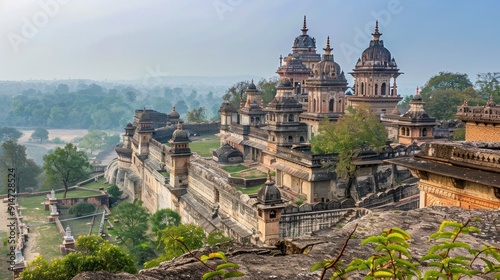 Ancient Stone Palace Complex on a Hillside with Fog in the Distance photo