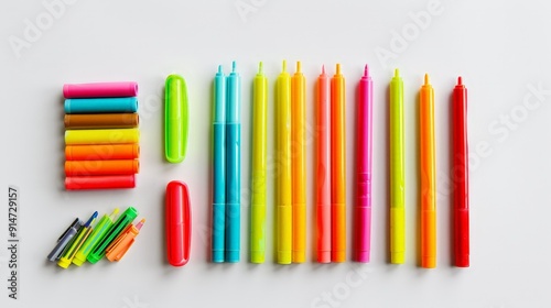 A set of colorful markers and highlighters on a white background, arranged in an organized manner.