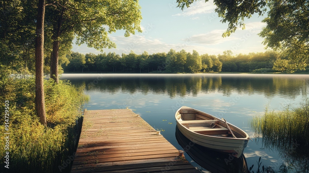 A serene lakeside view with a wooden dock and a rowboat A serene lakeside view with a wooden dock and a rowboat