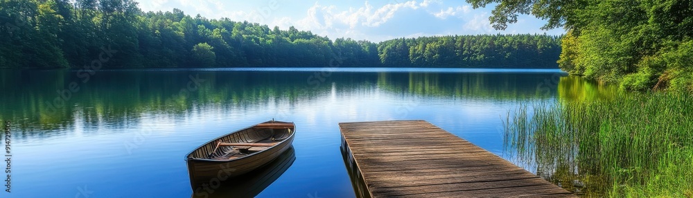 A serene lakeside view with a wooden dock and a rowboat A serene lakeside view with a wooden dock and a rowboat