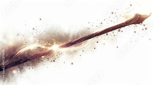 A wand casting a sparkling spell with swirling magical particles and runes, isolated on a clean white background to showcase its mystical and magical power. photo