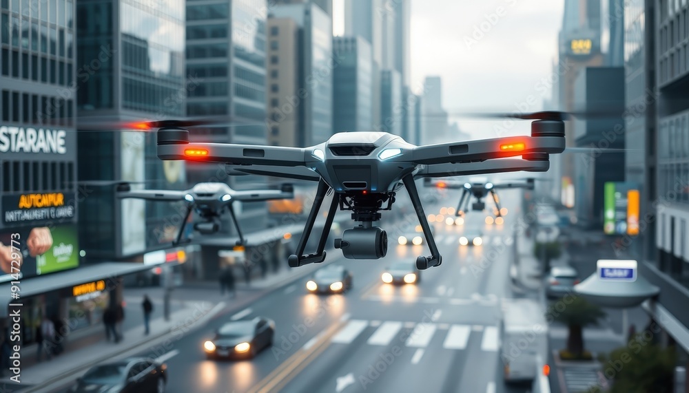 Drone flying over city street. Drone flying over city street.