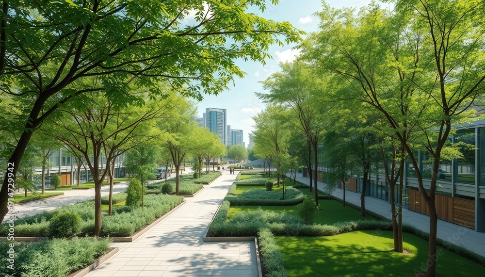 Obraz premium Modern Urban Park with Green Trees and Pathways.