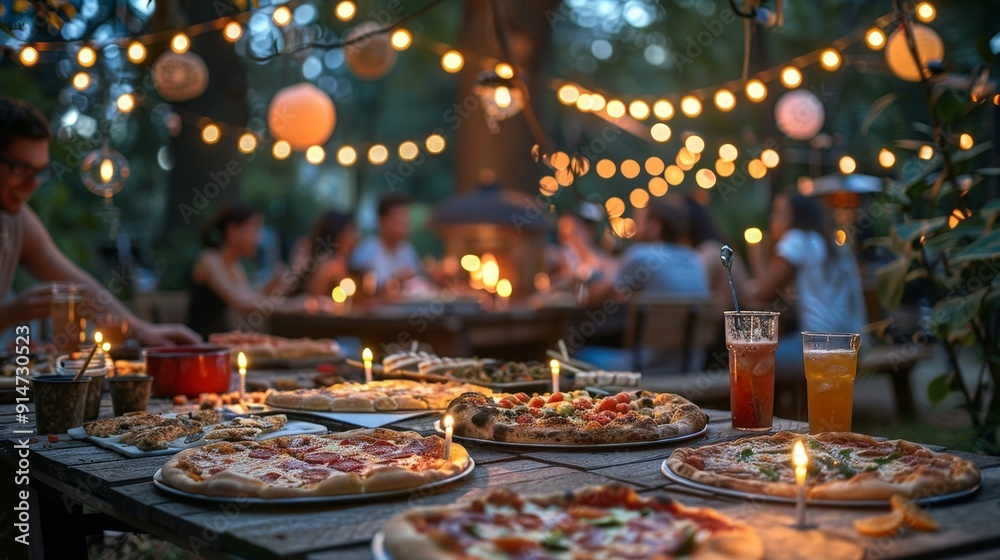 A table is laden with pizzas of various kinds, drinks, and party decorations, with friends and family enjoying the lively atmosphere.