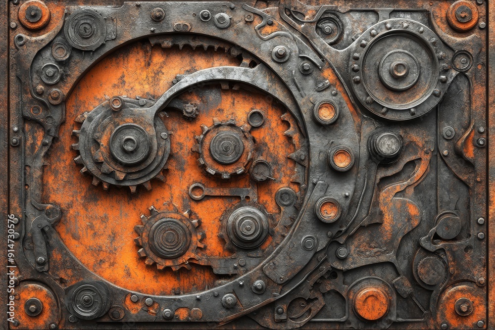 Rusty and weathered industrial gear mechanism with a mix of orange and brown hues symbolizing the passage of time and the beauty of mechanical decay in a vintage setting Rusty and weathered industrial gear mechanism with a mix of orange and brown hues symbolizing the passage of time and the beauty of mechanical decay in a vintage setting