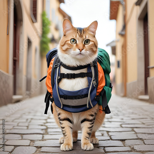 Beautiful cute orange cat school bag blue green and red color bag  Bulldings background, photo