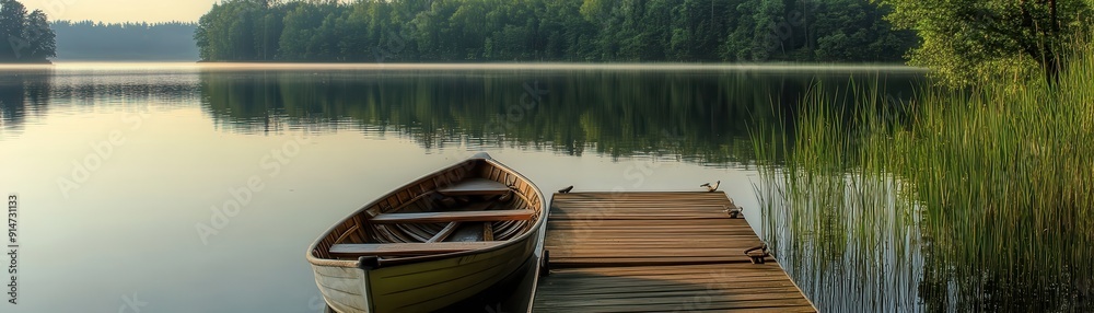 A serene lakeside view with a wooden dock and a rowboat A serene lakeside view with a wooden dock and a rowboat