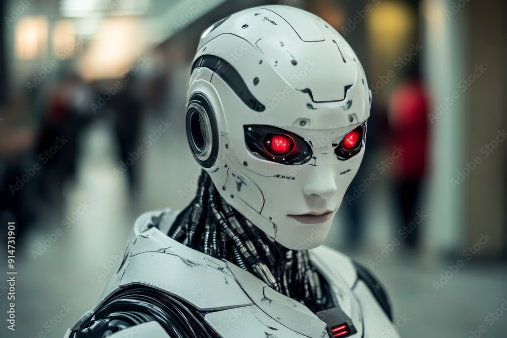 Humanoid robot with glowing red eyes in a bustling public environment symbolizing the integration of AI technology and human like robotics in modern society Humanoid robot with glowing red eyes in a bustling public environment symbolizing the integration of AI technology and human like robotics in modern society