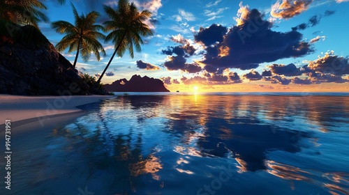 Tropical island beach at sunset with palm trees and vibrant sky reflections 