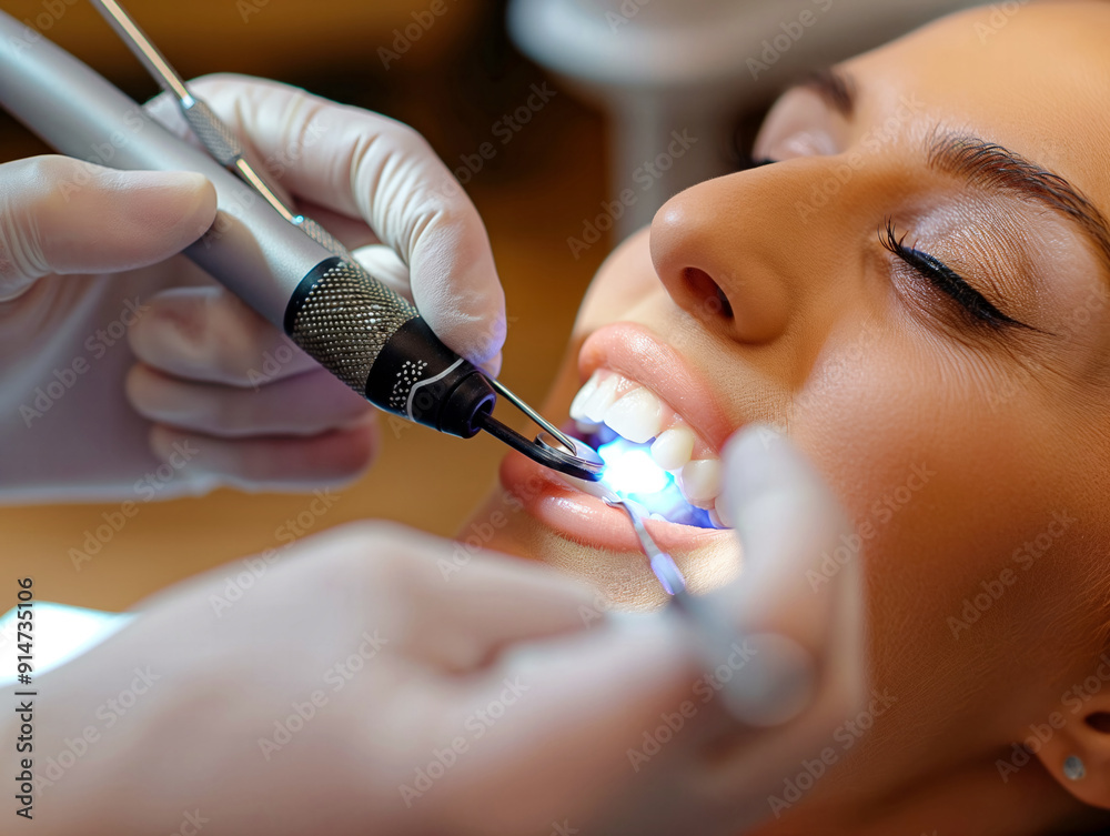 A woman is getting her teeth cleaned by a dentist. The dentist is using a bright light to illuminate the woman's teeth. The woman is relaxed and comfortable during the procedure