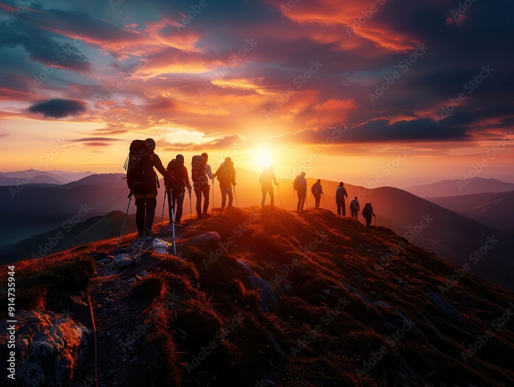 Mountain hike with a group of climbers reaching the summit, capturing the achievement and breathtaking view, Adventure, Bright hues, Photography Mountain hike with a group of climbers reaching the summit, capturing the achievement and breathtaking view, Adventure, Bright hues, Photography