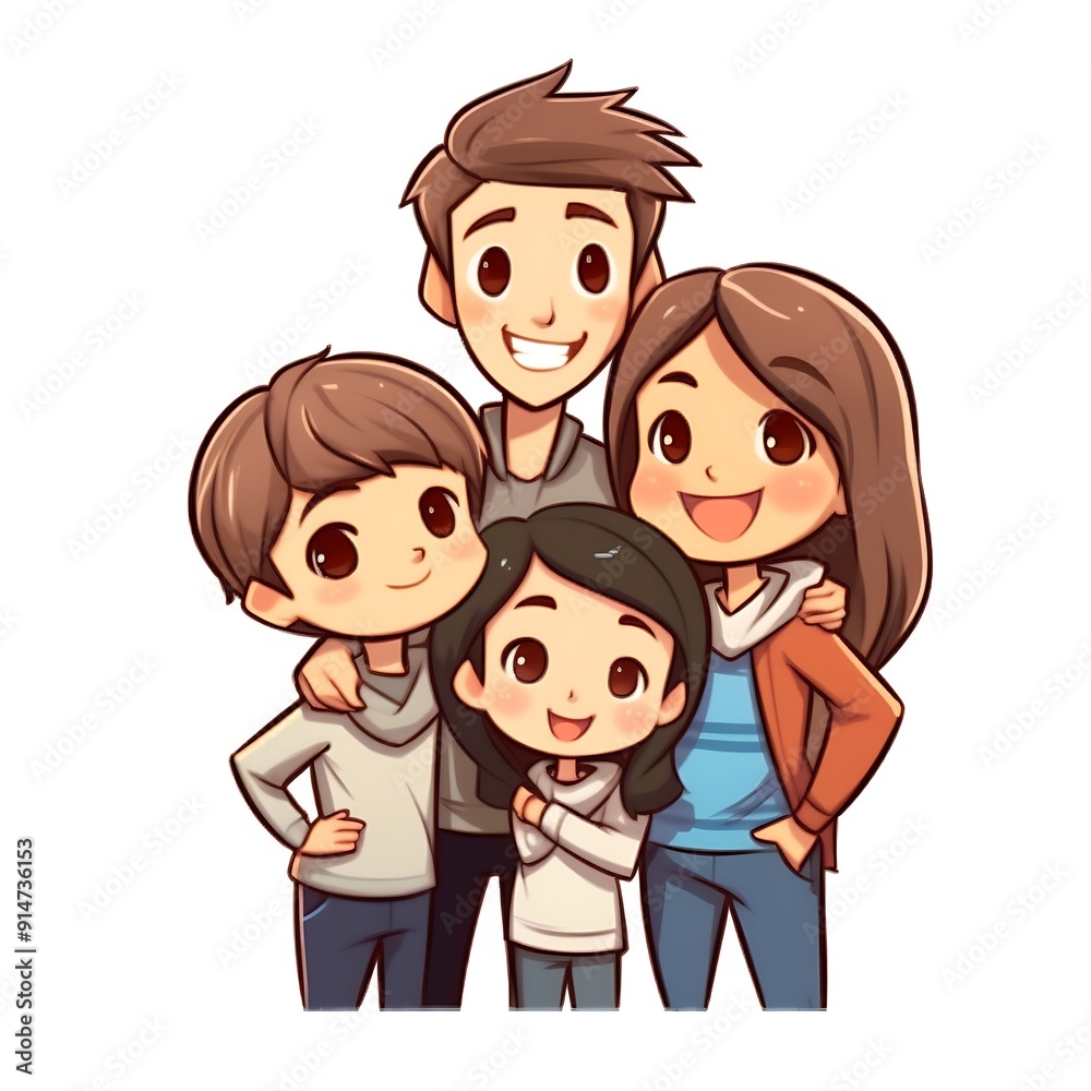 Happy Cartoon Family of Four Posing for a Photo Together Happy Cartoon Family of Four Posing for a Photo Together