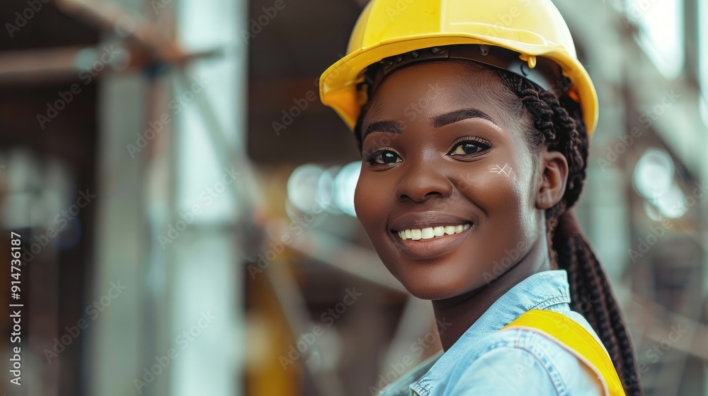 Black African woman smiling Portrait concept of a construction woman with a yellow hard hat. Black African woman smiling Portrait concept of a construction woman with a yellow hard hat.