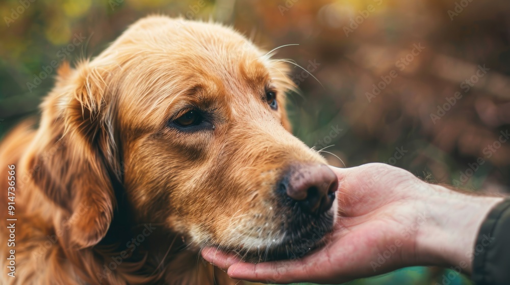Close-up of a golden retriever being gently petted, capturing a moment of affection and companionship between a dog and its owner.. Close-up of a golden retriever being gently petted, capturing a moment of affection and companionship between a dog and its owner..