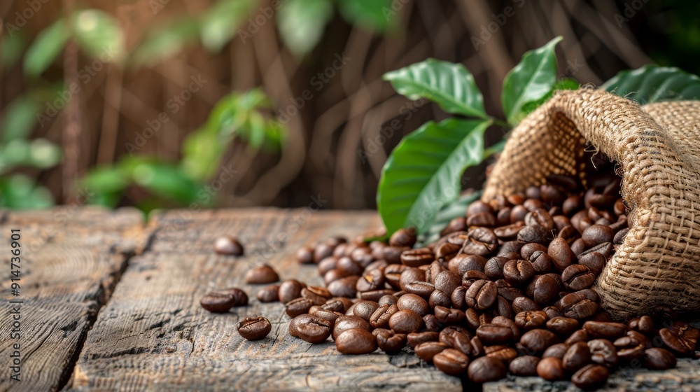 Coffee beans spilling from a burlap sack onto a rustic wooden table, with green leaves in the background.. Coffee beans spilling from a burlap sack onto a rustic wooden table, with green leaves in the background..