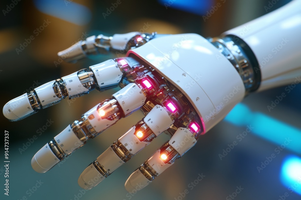 Close up of a futuristic robotic hand with glowing red and blue lights showcasing the precision and advanced engineering of modern robotics technology in a high tech setting Close up of a futuristic robotic hand with glowing red and blue lights showcasing the precision and advanced engineering of modern robotics technology in a high tech setting