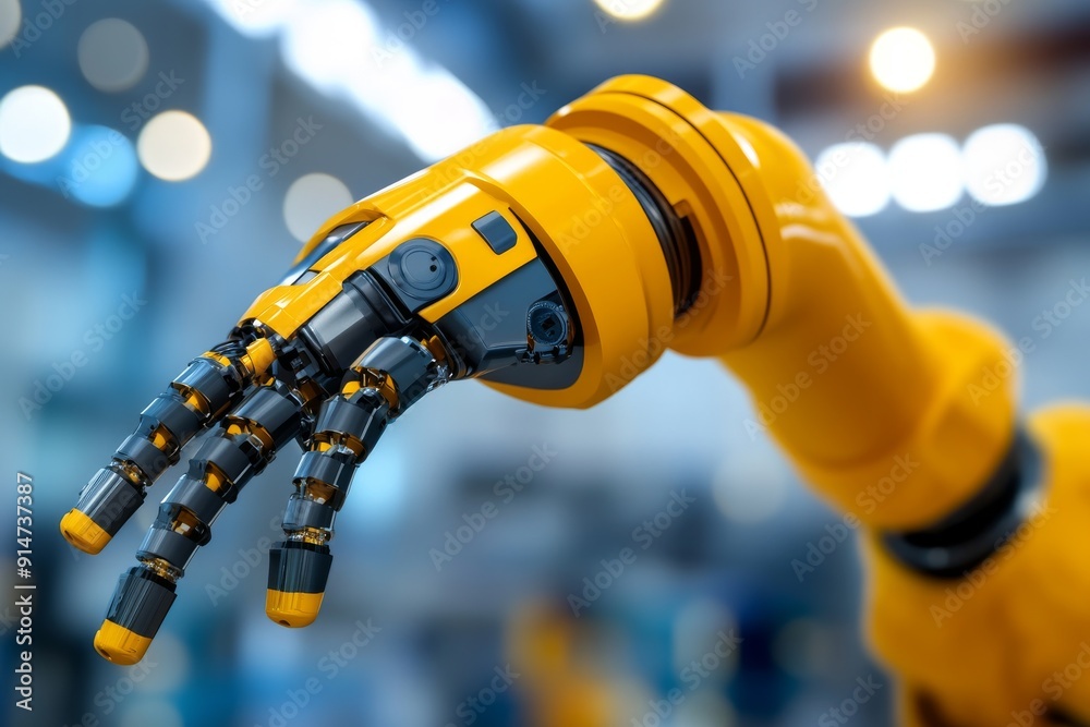 Futuristic robotic hand with yellow and black design symbolizing the integration of advanced robotics technology in industrial automation and precision engineering Futuristic robotic hand with yellow and black design symbolizing the integration of advanced robotics technology in industrial automation and precision engineering