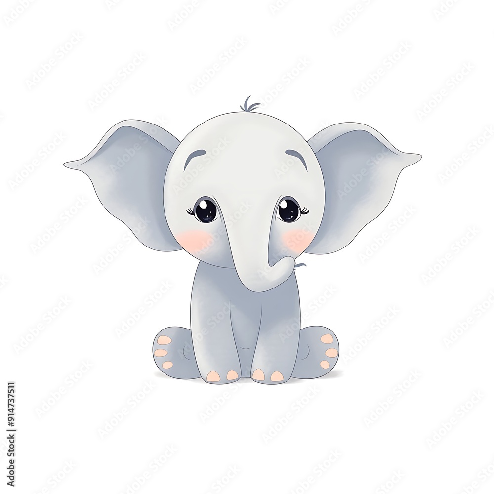 Adorable Cartoon Baby Elephant Sitting Against White Background Adorable Cartoon Baby Elephant Sitting Against White Background