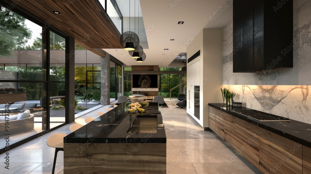 Modern Kitchen Island with Black Granite Countertop and Wooden Cabinets