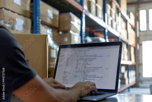 Working on laptop in a warehouse.