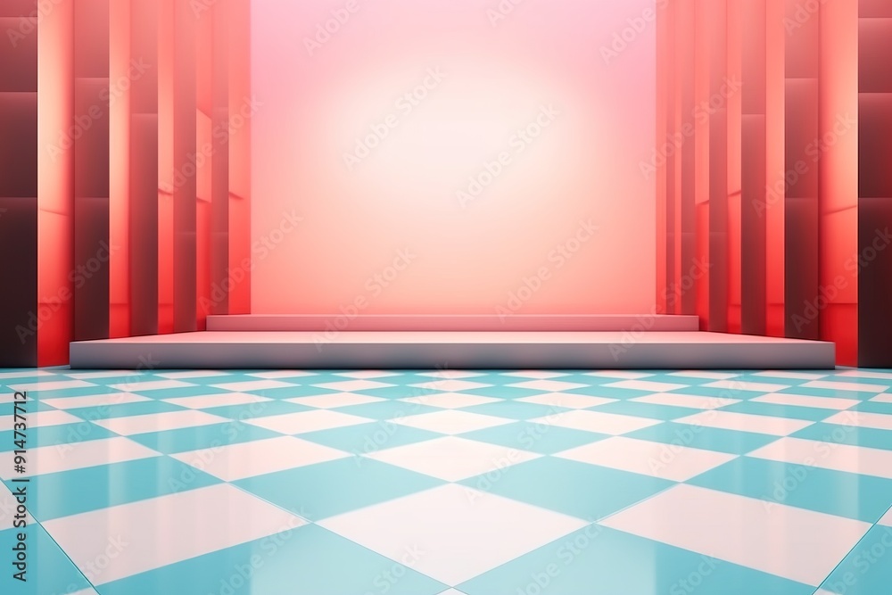 Abstract minimal room with a white platform and blue and white checkered floor.