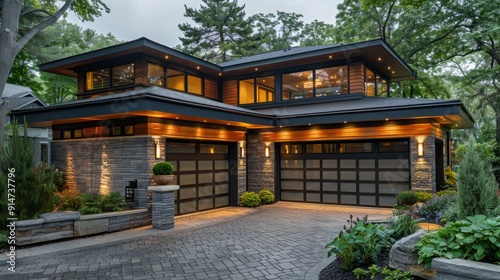 Luxury modern house with large windows and greenery