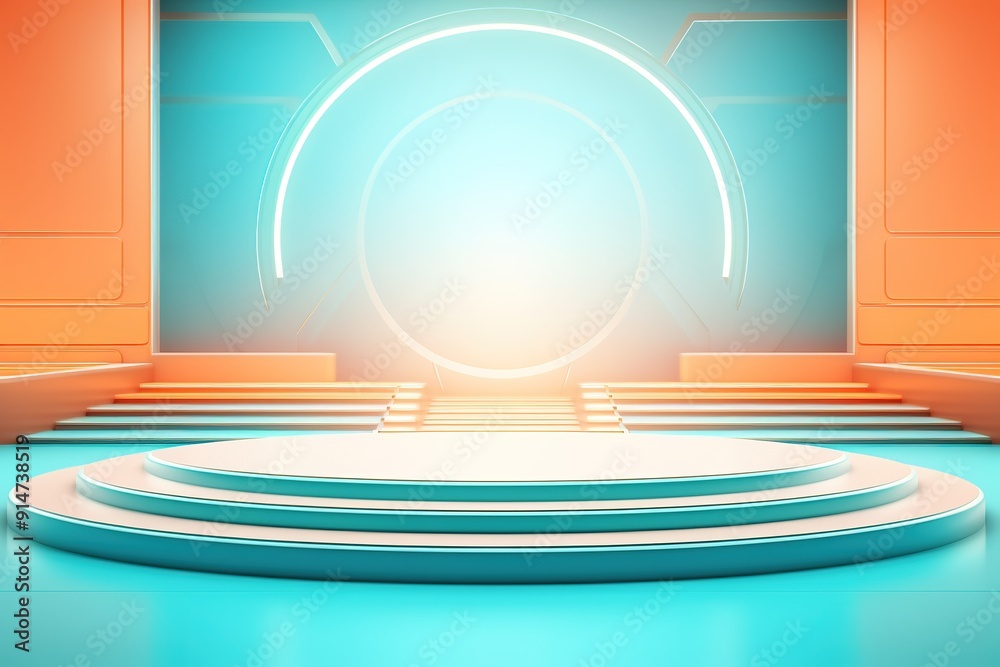Fototapeta premium Abstract Minimalist Display Stand with Circular Platform and Orange and Turquoise Walls.