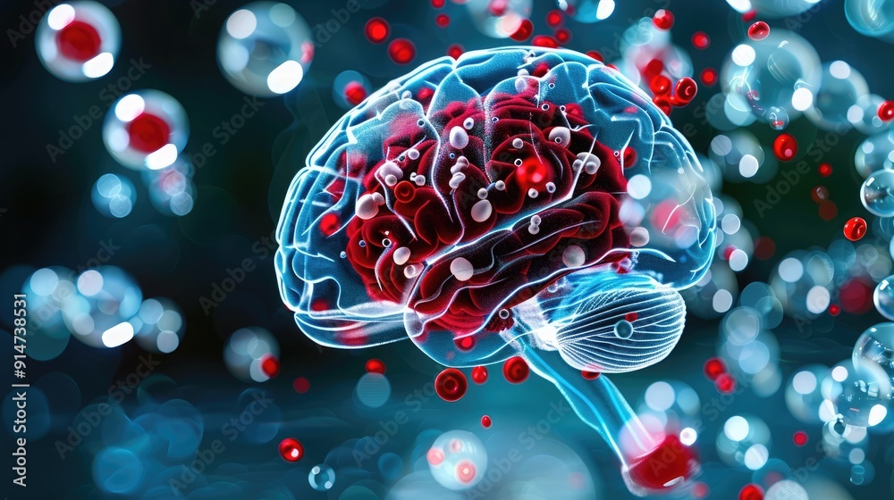 A 3D rendering of a human brain with neural network connections and red blood cells, illustrating neuroscience and medical research.